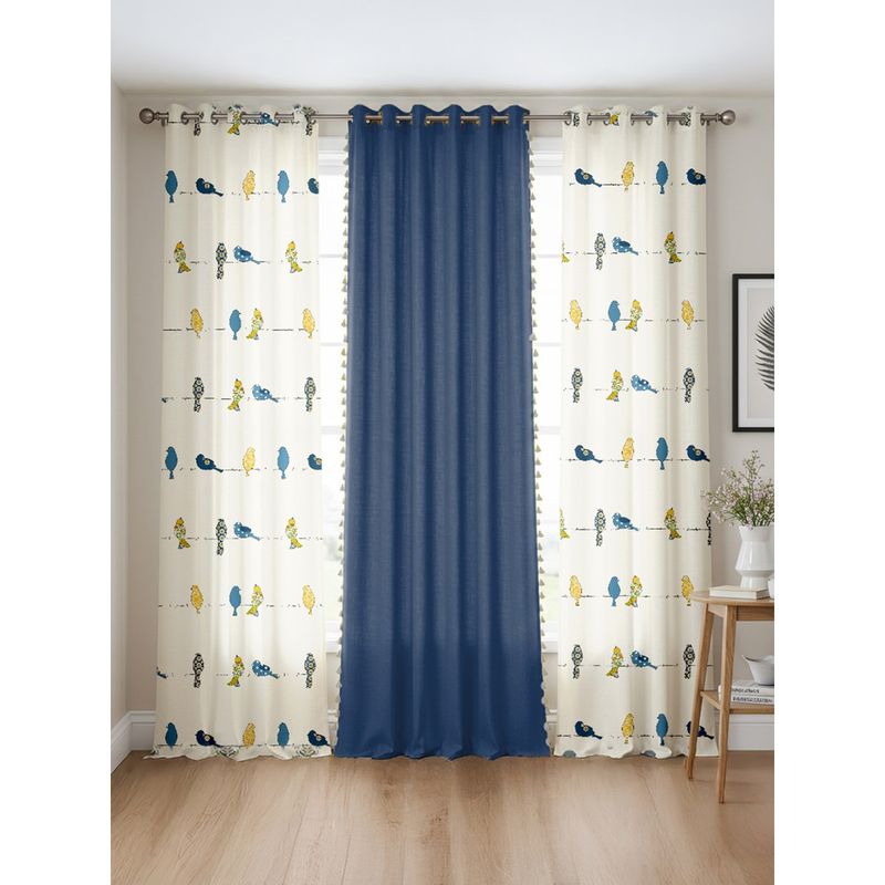 Urban Space Cotton Curtains Humming Bird Blue & Aura Indigo (Pack of 3) (5 x 4 feet)