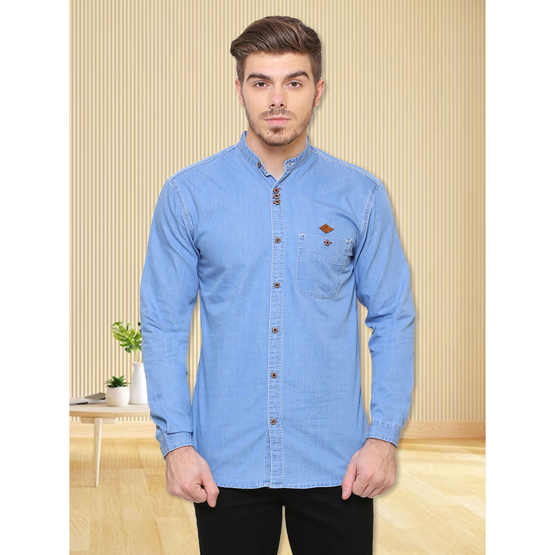 KUONS AVENUE Mens Blue Mandarin Collar Denim Casual Shirt (M)