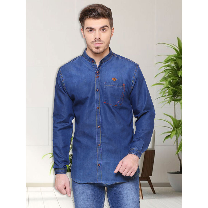 KUONS AVENUE Mens Navy Blue Mandarin Collar Denim Casual Shirt (M)