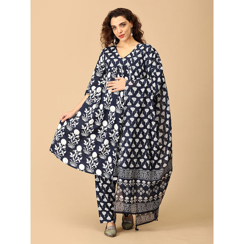 The Mom Store Navy Blue Printed Maternity Kurta with Pant and Dupatta (Set of 3) (S)