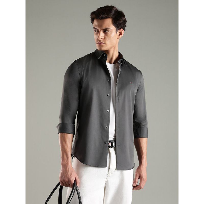Tommy Hilfiger Men Charcoal Solid Casual Shirt (L)