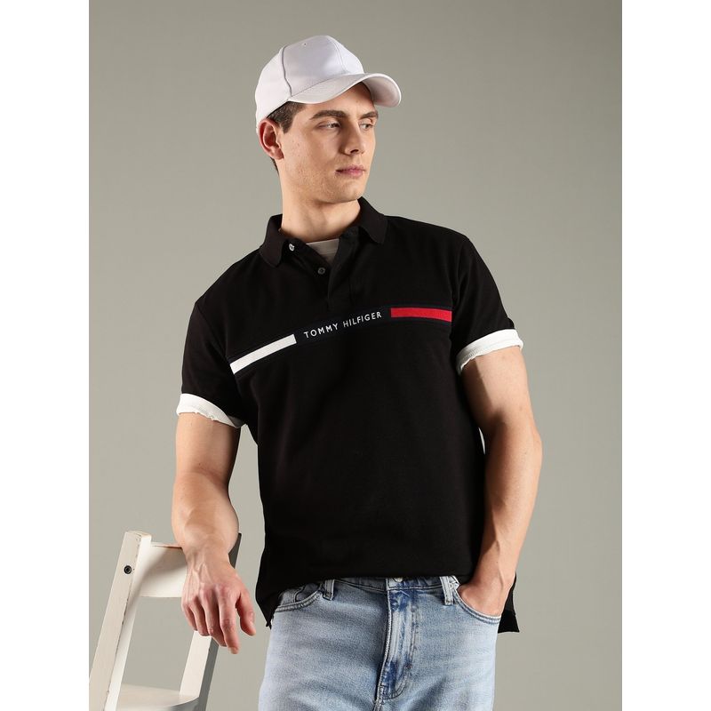 Tommy Hilfiger Men Black Typography Polo T-Shirt (XS)