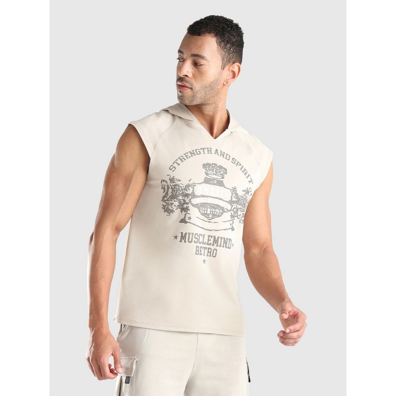 Musclemind Men Beige Cotton Graphic Regular Fit Hoodie Tank (L)