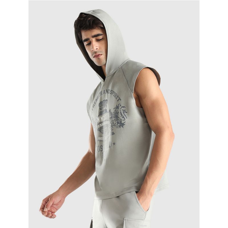 Musclemind Men Grey Cotton Graphic Regular Fit Hoodie Tank (M)