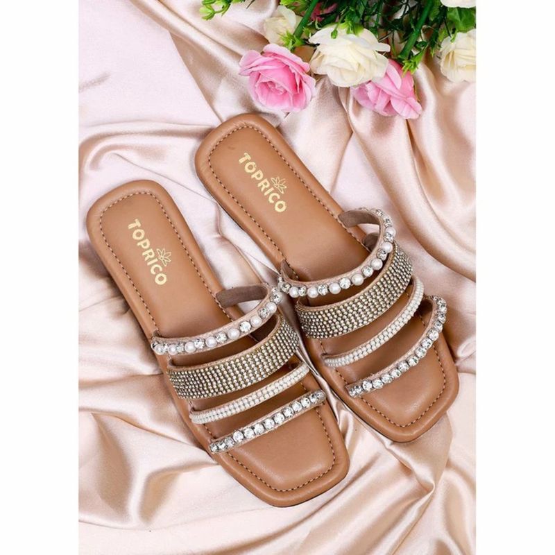 Toprico Be Dazzled Beads Embroidered Tan Flat (EURO 37)