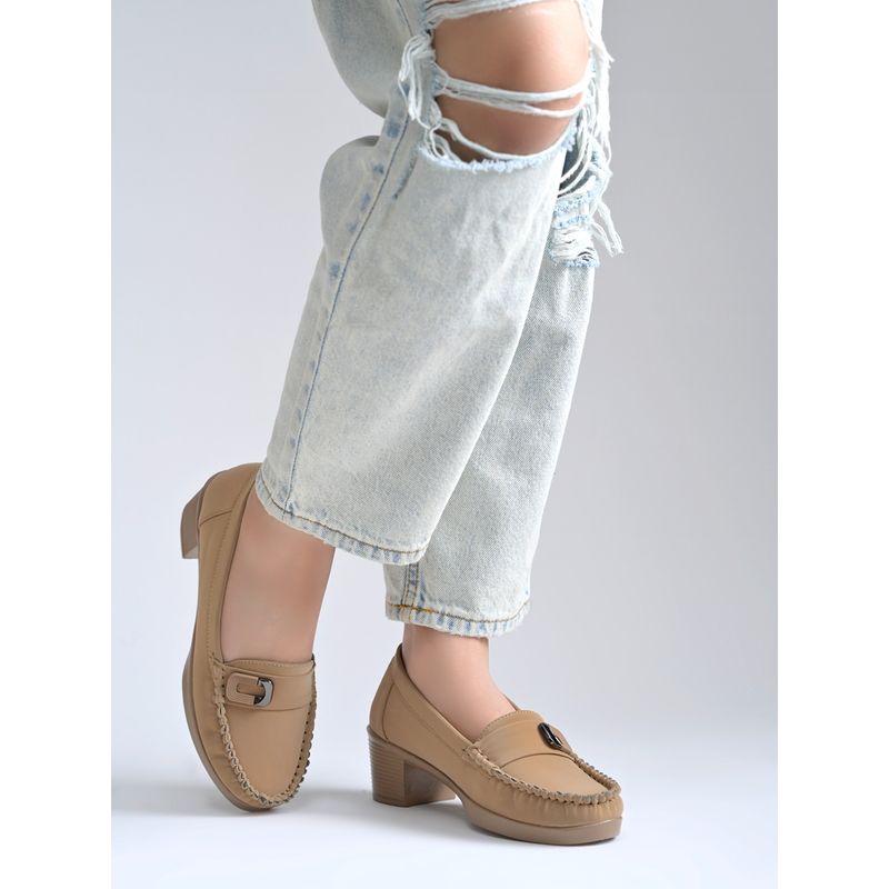 Shoetopia Beige Block-Heel Loafers For Women (EURO 36)