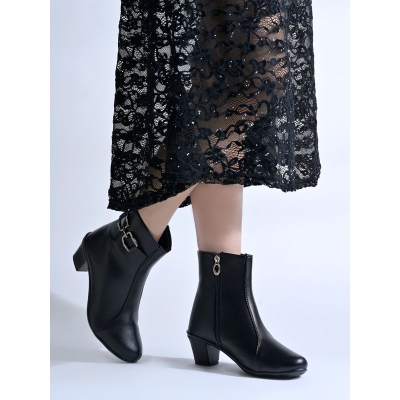 Shoetopia Black Buckle-Accent Ankle Casual Boots For Women (EURO 36)