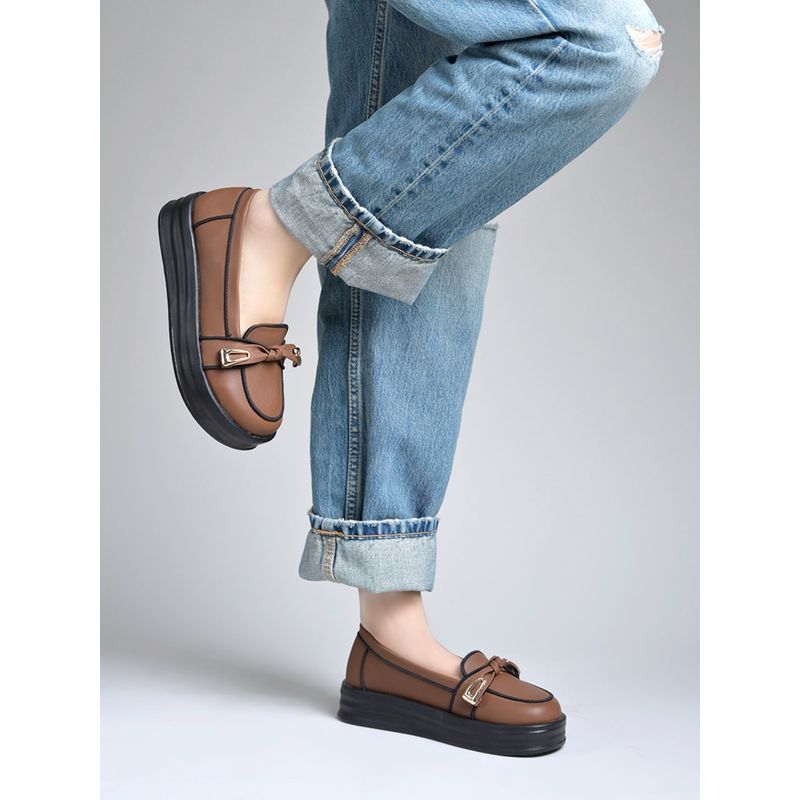 Shoetopia Brown Gold-Trimmed Platform Loafers For Women (EURO 37)