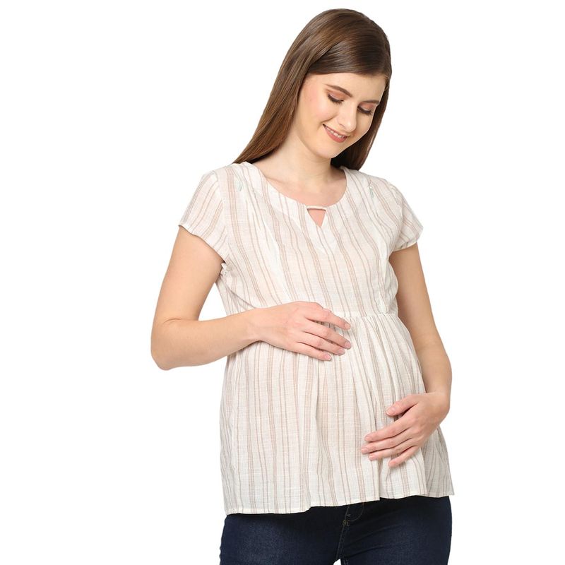 Mystere Paris Striped Beige Maternity Top (XL)