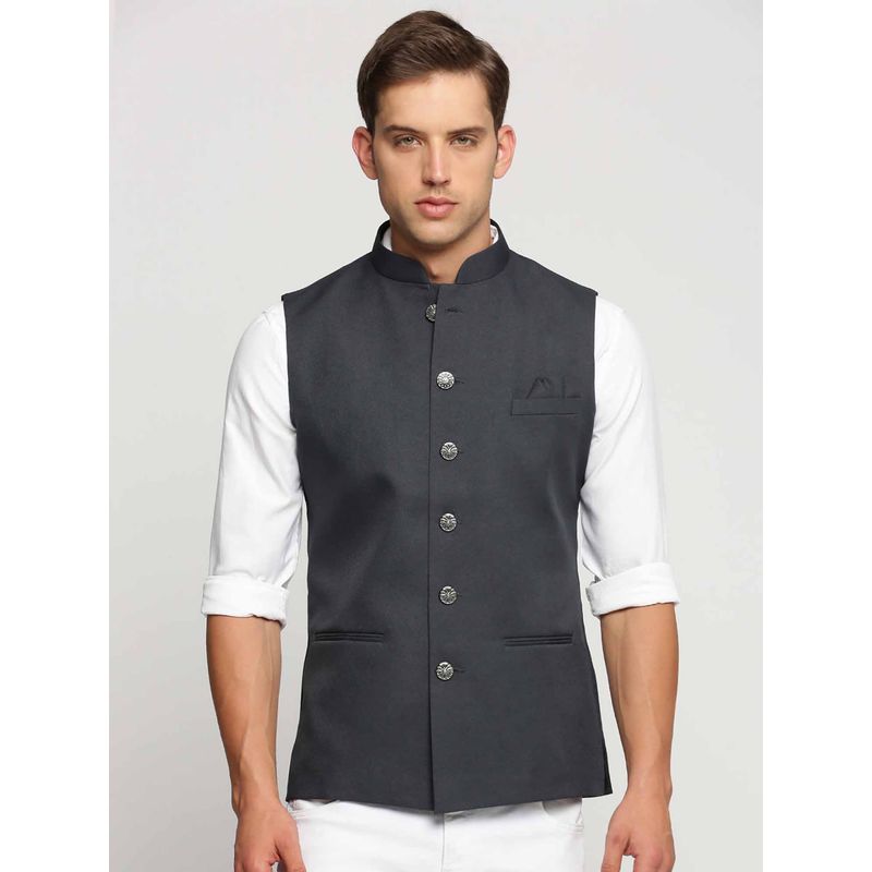 SHOWOFF Men's Slim Fit Mandarin Collar Solid Charcoal Nehru Jacket (XL)