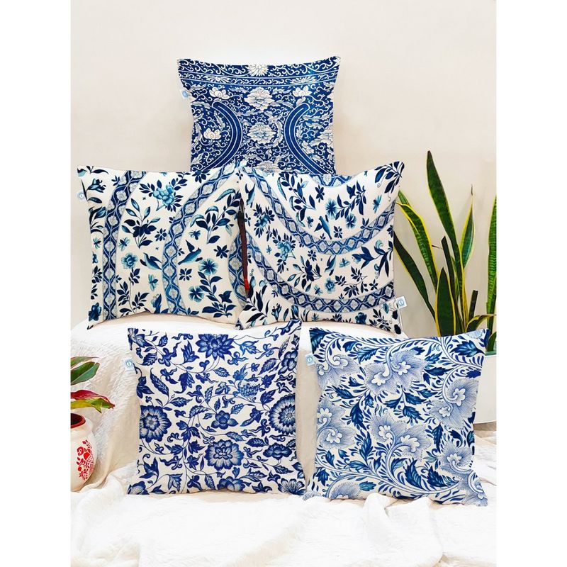 STITCHNEST Blue Printed Cotton Canvas Cushion Cover Set of 5 Combo 16 x 16 Inches)