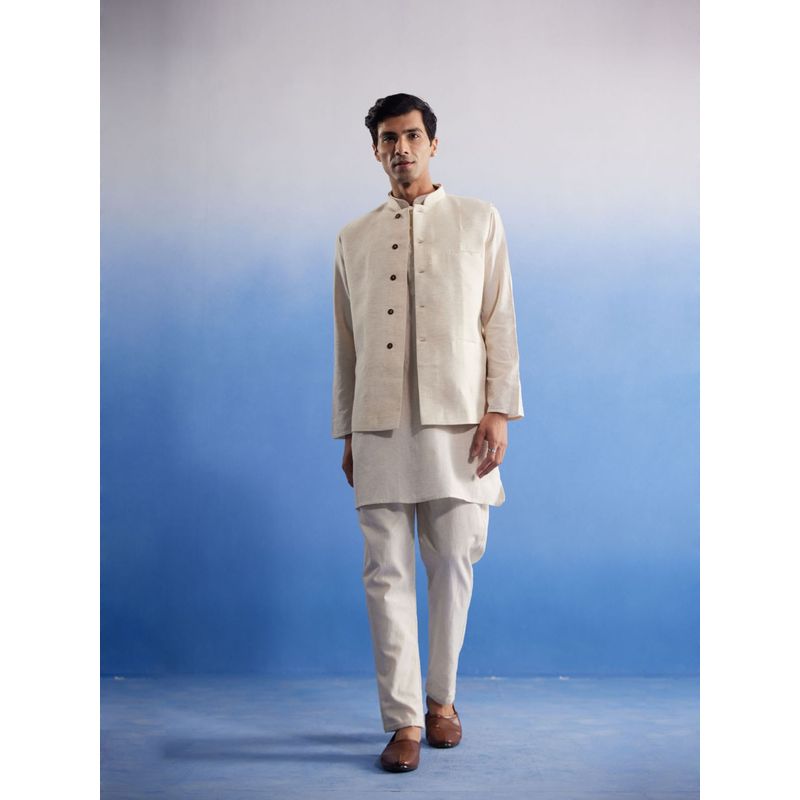 Vastramay Mens Cream Khadi Cotton Jacket Kurta and Pyjama (Set of 3) (M)