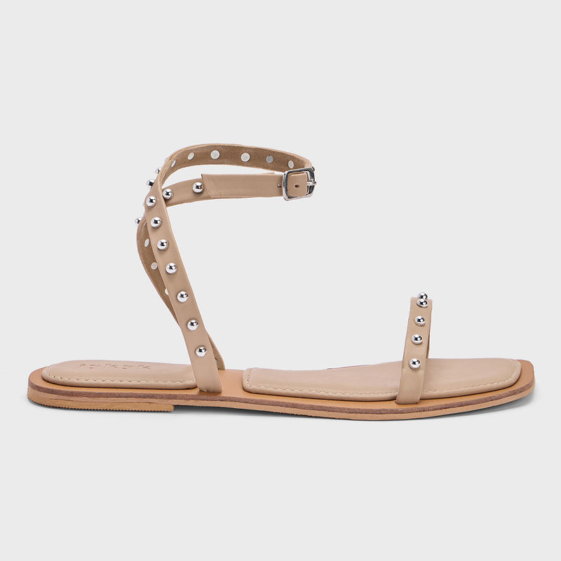 IYKYK by Nykaa Fashion Taupe Square Toe Ankle Strap Studded Flats (EURO 37)