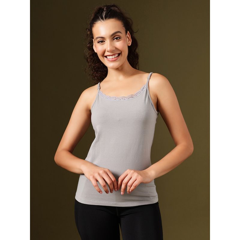 Clovia Cotton Camisole With Lace And Adjustable Straps Grey (L)