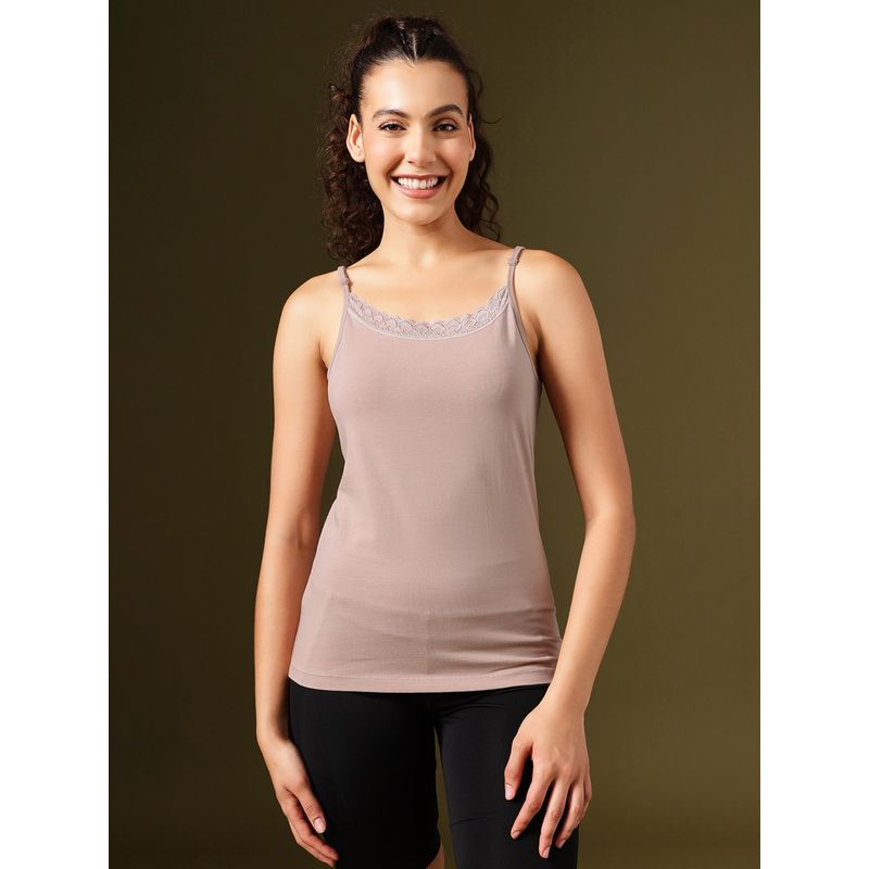 Clovia Cotton Camisole With Lace And Adjustable Straps Mauve (XL)