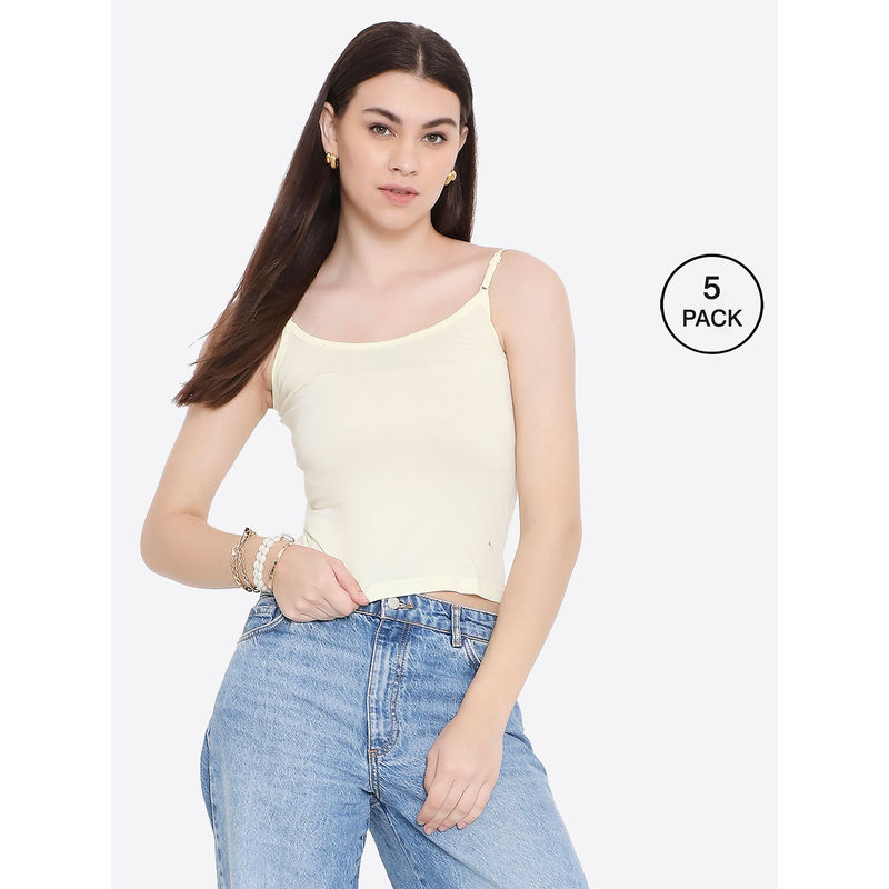 Frenchie Feelings Women Lime Yellow Cotton Camisole with Adjustable Straps (Pack of 5) (S)