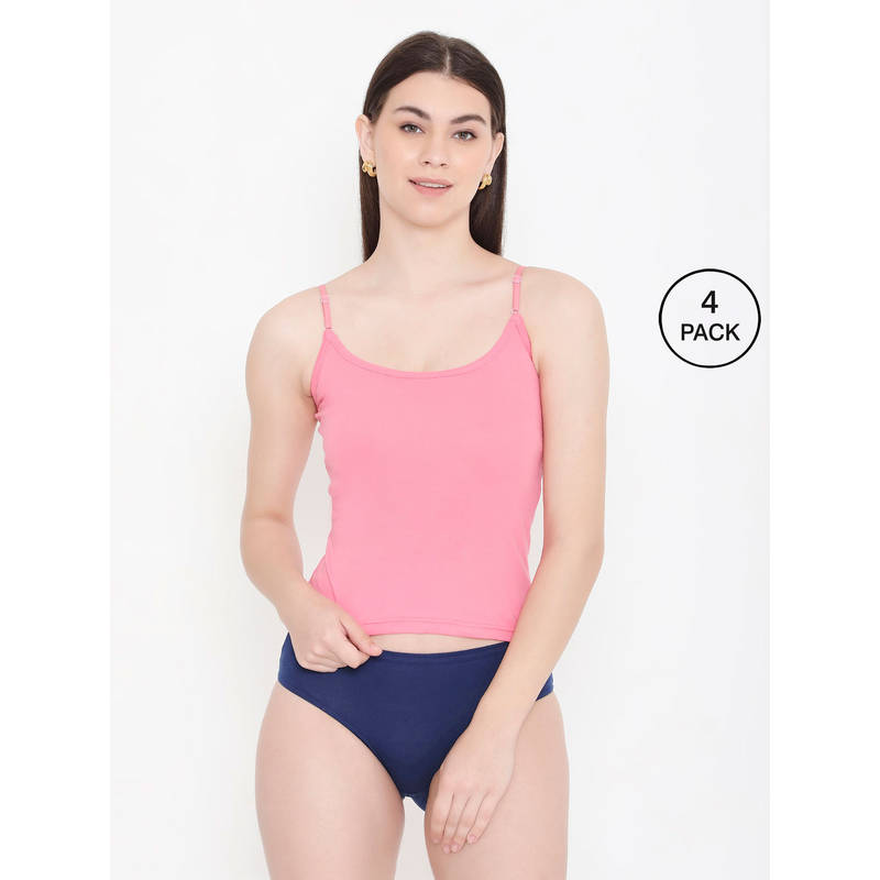 Frenchie Feelings Women Solid Pink Cotton Camisole with Adjustable Straps (Pack of 4) (S)