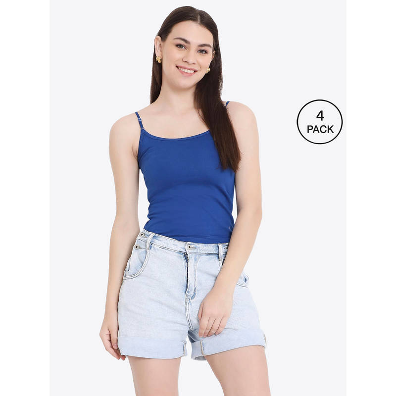 Frenchie Feelings Women Solid Royal Blue Cotton Camisole with Adjustable Straps (Pack of 4) (S)
