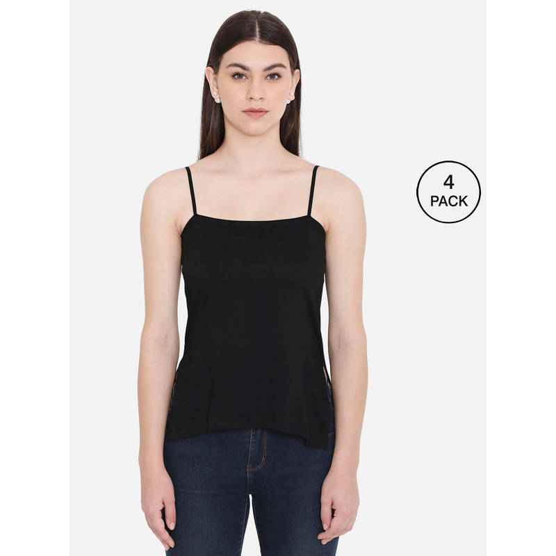 Frenchie Feelings Womens Solid Black Side Slit Kurti Slip Camisole with Adjustable Straps (S)