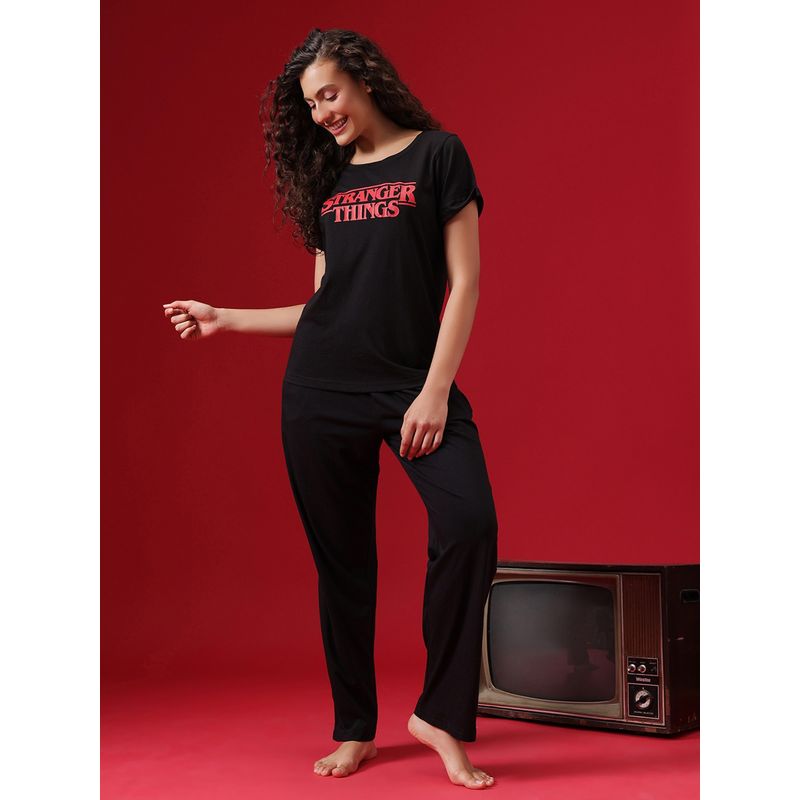 Clovia Cotton T-Shirt And Pyjama Black (L)