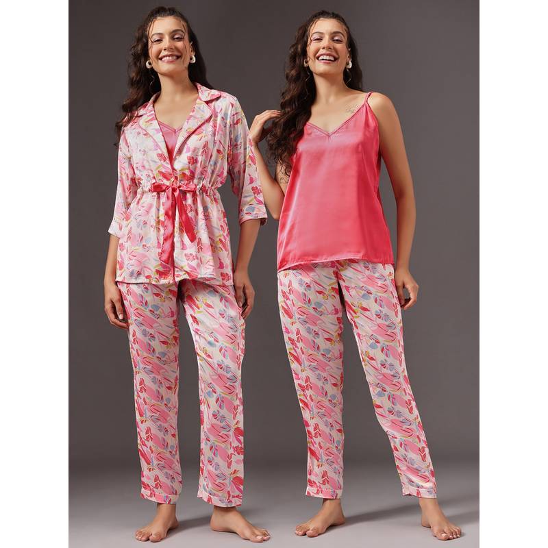 Clovia Satin Floral Print Robe And Cami Top With Pyjama Multi-Color (S)