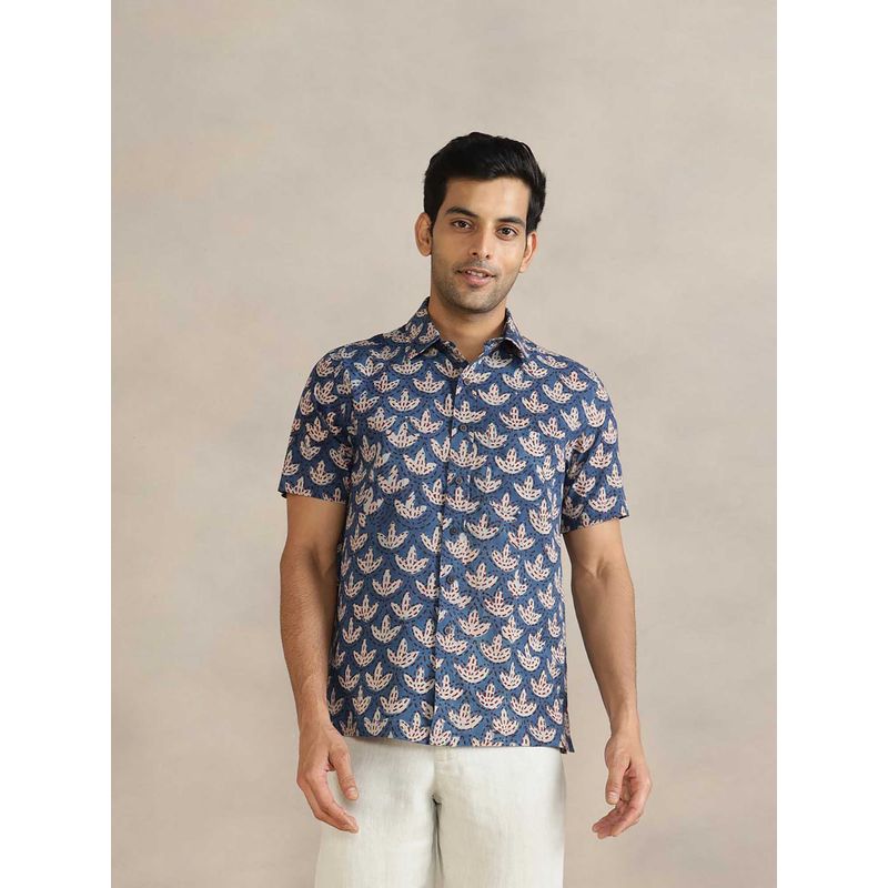 Fabindia Men Indigo Blue Cotton Dabu Printed Regular Shirt (XS)