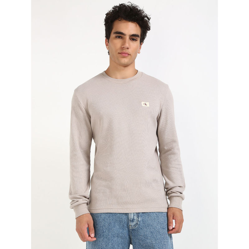 Calvin Klein Men Beige Solid Full Sleeve T-Shirt (2XL)