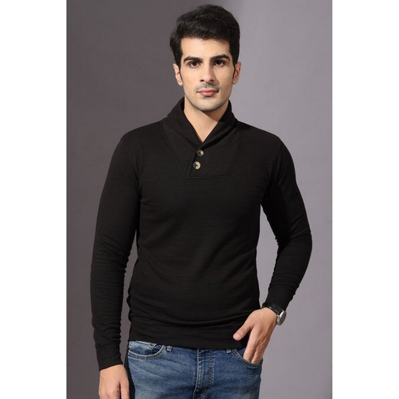 GRITSTONES Men Black Self Design Cowl Neck Polo T-Shirt (S)