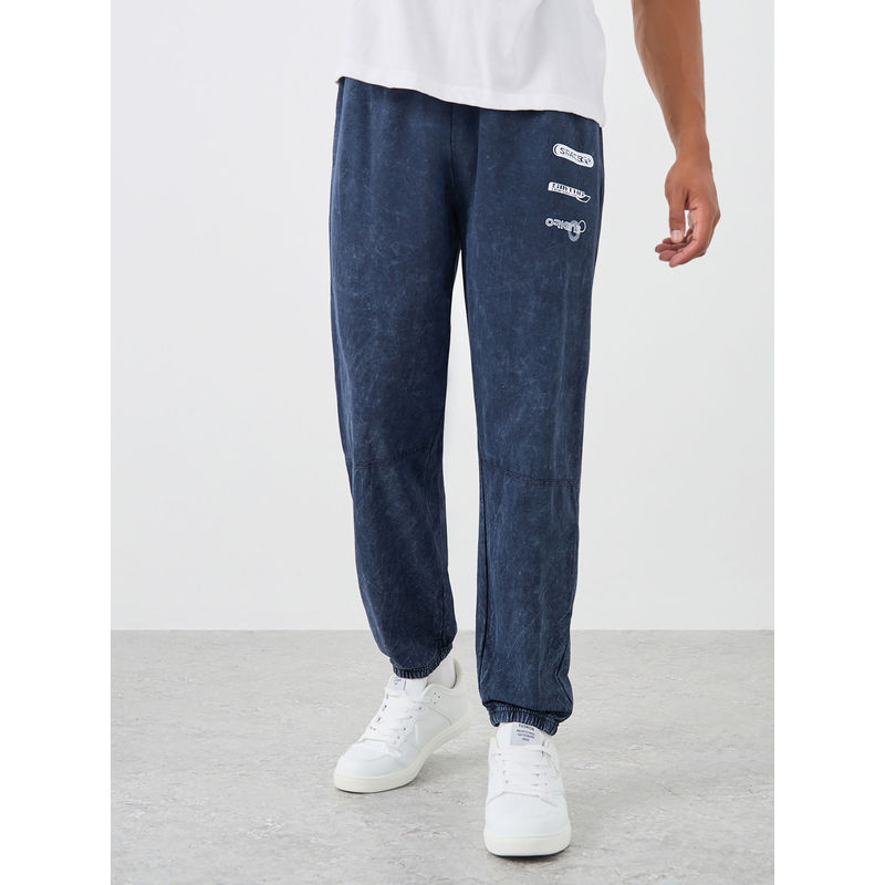 Styli Navy Blue Men Print Detail Panel Oversizedd Joggers (M)