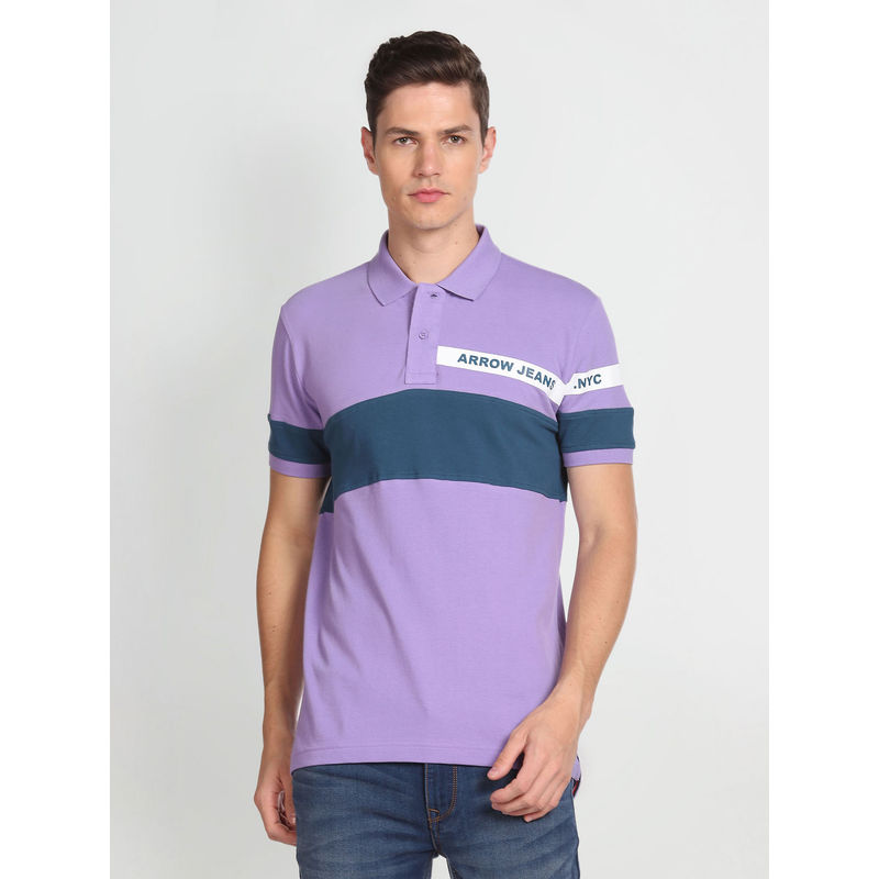 Arrow Sports Panelled Colour Block Polo T-Shirt - Purple (M)