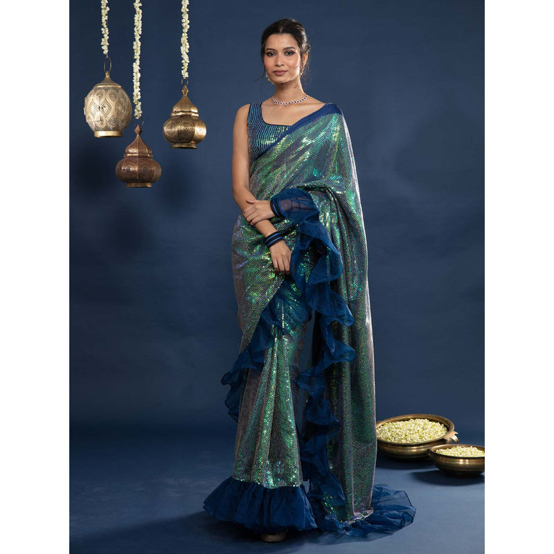 Buy ANNI DESIGNER Women's Linen Cotton Printed Saree with Blouse Piece ( Nykaa-Blue_Blue) at Amazon.in