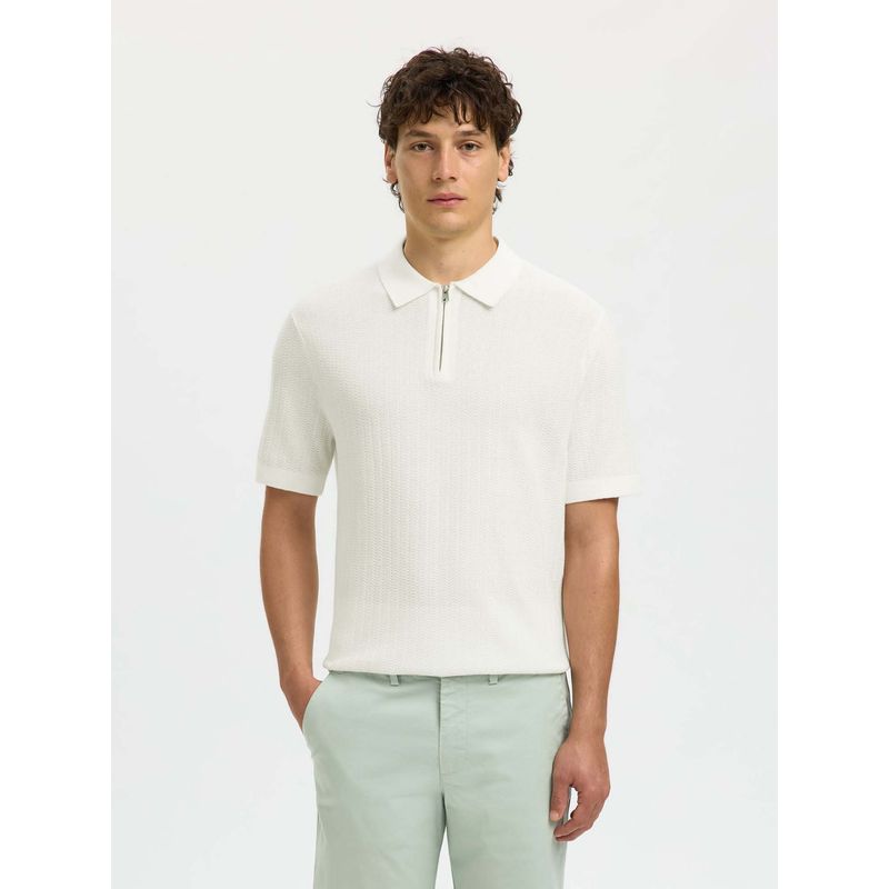 Buy Selected White Structured Knitted Zip Polo T-shirt Online