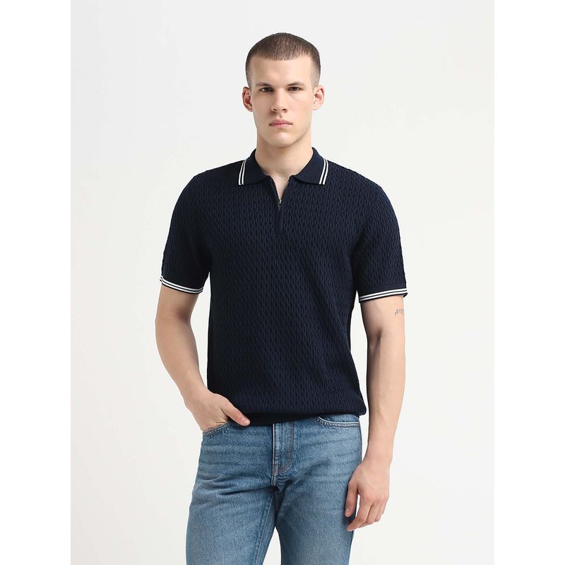 SELECTED HOMME Navy Blue Men Structured Knitted Zipper Polo T-shirt (S)