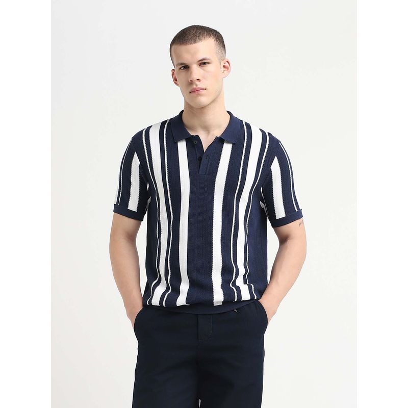 SELECTED HOMME Men Striped Navy Blue Polo T-shirt (L)