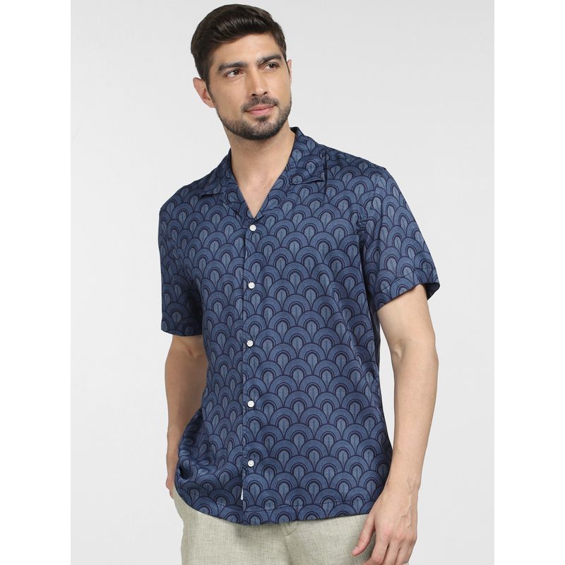 Selected Dark Blue Printed Short Sleeves Resort Shirt (XL)