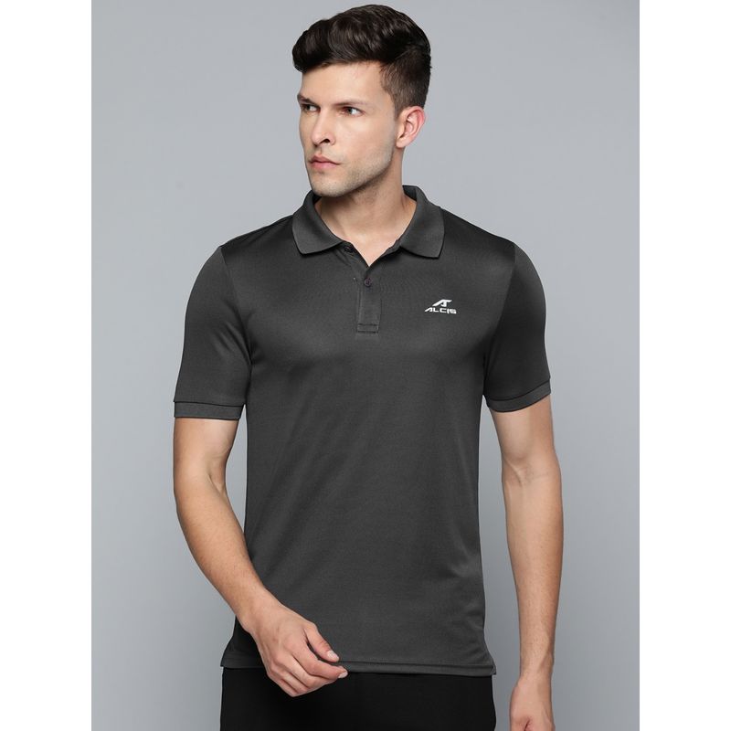 Alcis Men Charcoal Grey Polo Collar Slim Fit T-shirt (S)