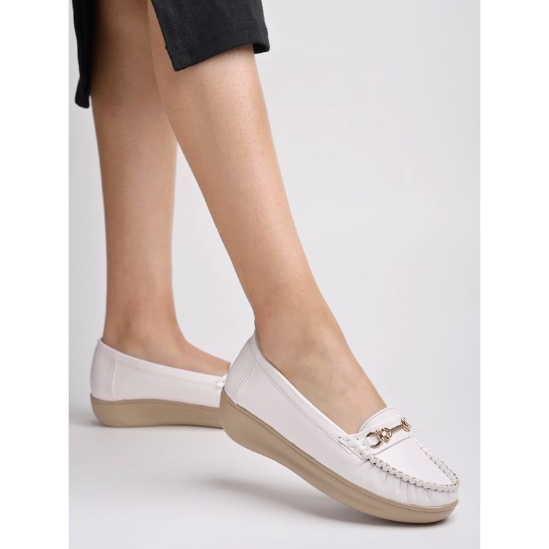 Shoetopia Upper Metalic Buckle Detailed White Loafers for Women (EURO 38)