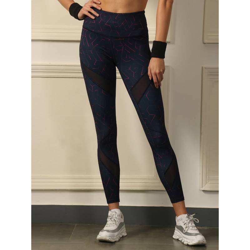 SOIE Womens Ankle Length Sports Leggings With Mesh Panel And Quick Dry Navy Blue (M)