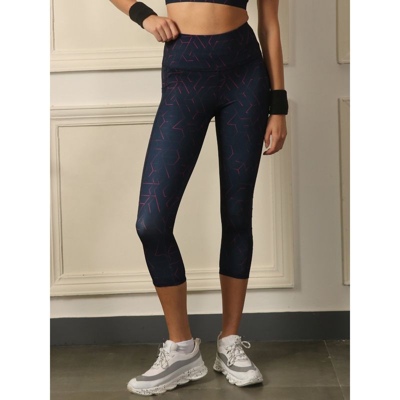 SOIE Womens 3/4Th Length Sports Leggings With Mesh And Broad Compression Waistband Navy Blue (S)