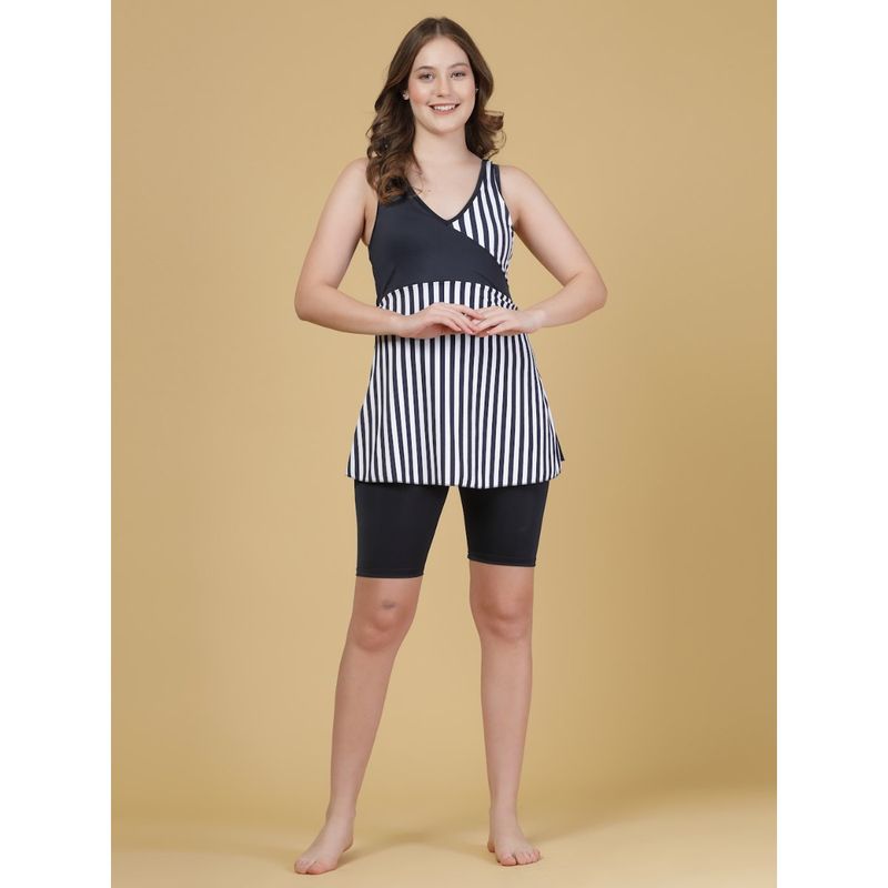 Cukoo Padded Blue Striped Swimwear With Attached Knee Length Shorts (M)