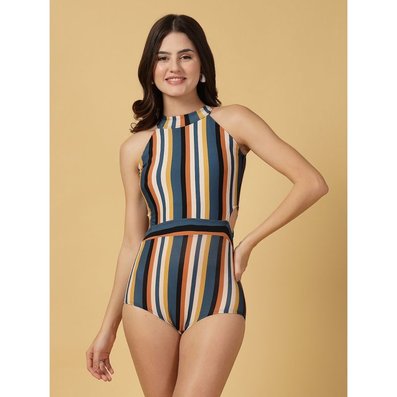 Cukoo Padded Striped Side Cut Swimsuit Multi-Color (M)