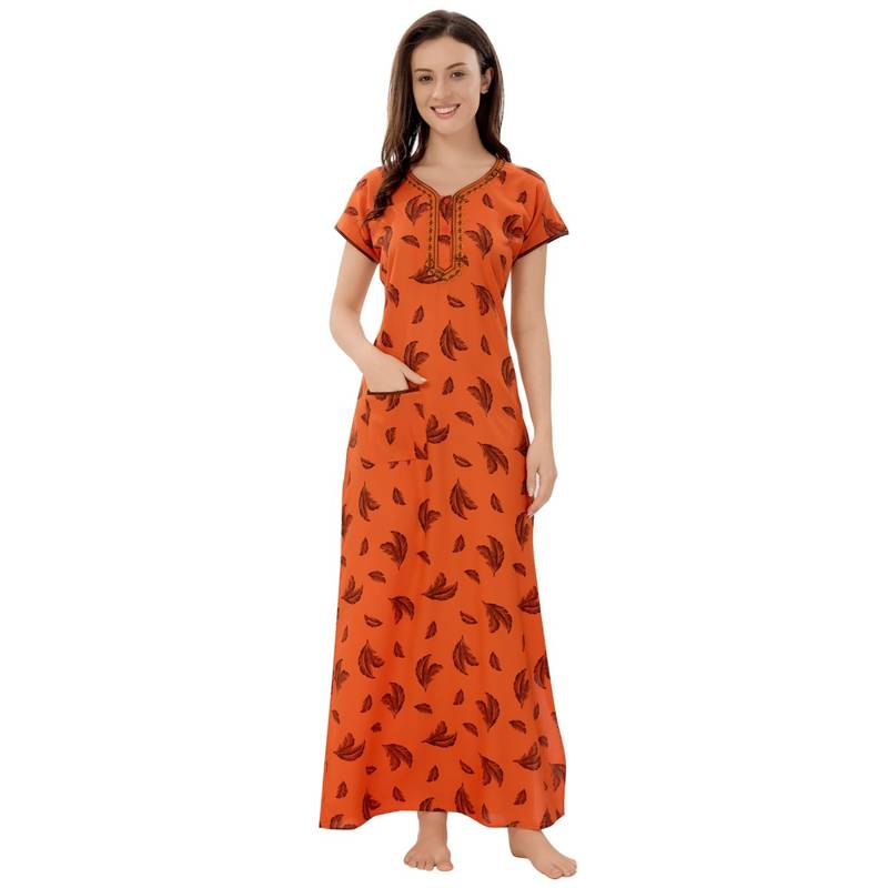 PIU Front Open Rayon Half Sleeves Floral Print Nighty - Orange (M)