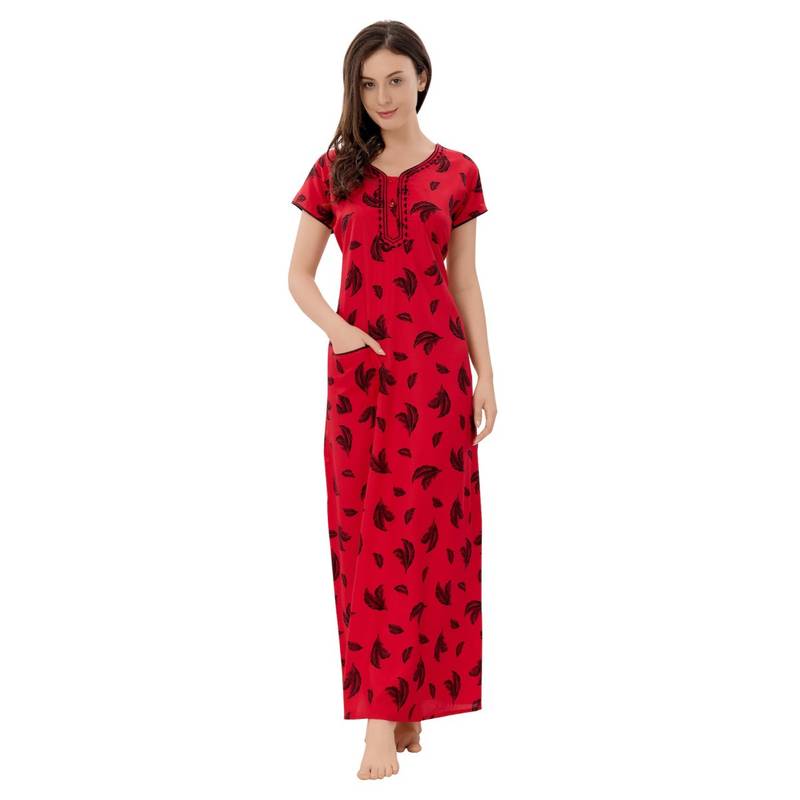 PIU Front Open Rayon Half Sleeves Floral Print Nighty - Red (M)