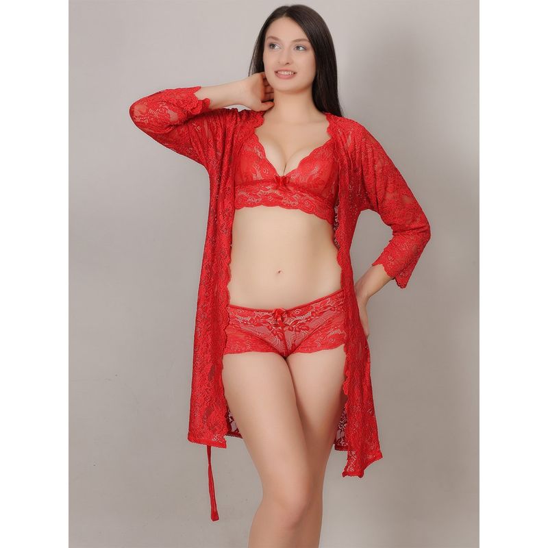 Mod & Shy Women Self Design Lacy Bra With Panty & Shrug Red (Set of 3) (M)