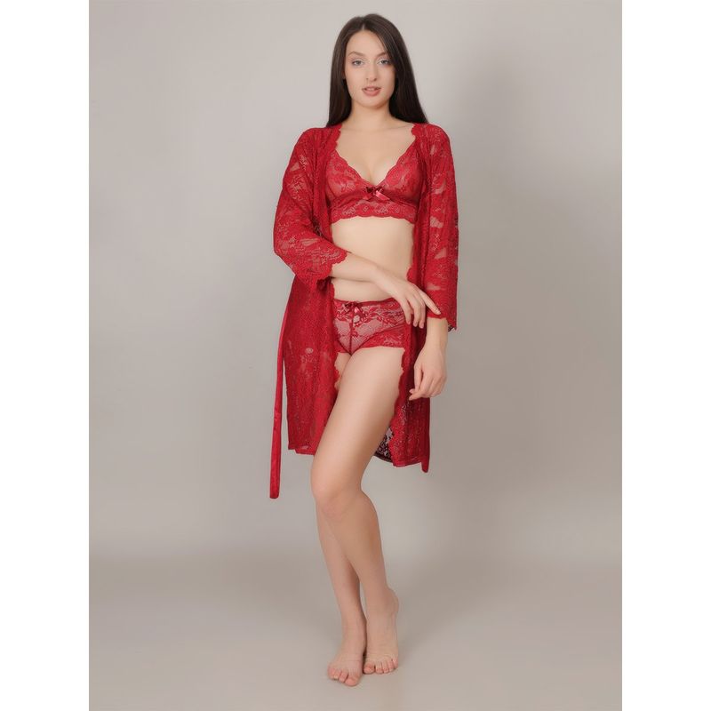 Mod & Shy Women Self Design Lacy Bra With Panty & Shrug Maroon (Set of 3) (XL)