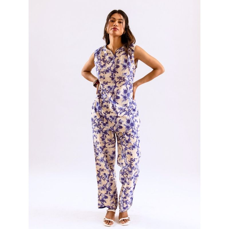 FEATHERS CLOSET Blue Sapphire Printed Sleeveless Cotton Co-Ord (Set of 2) (2XL)