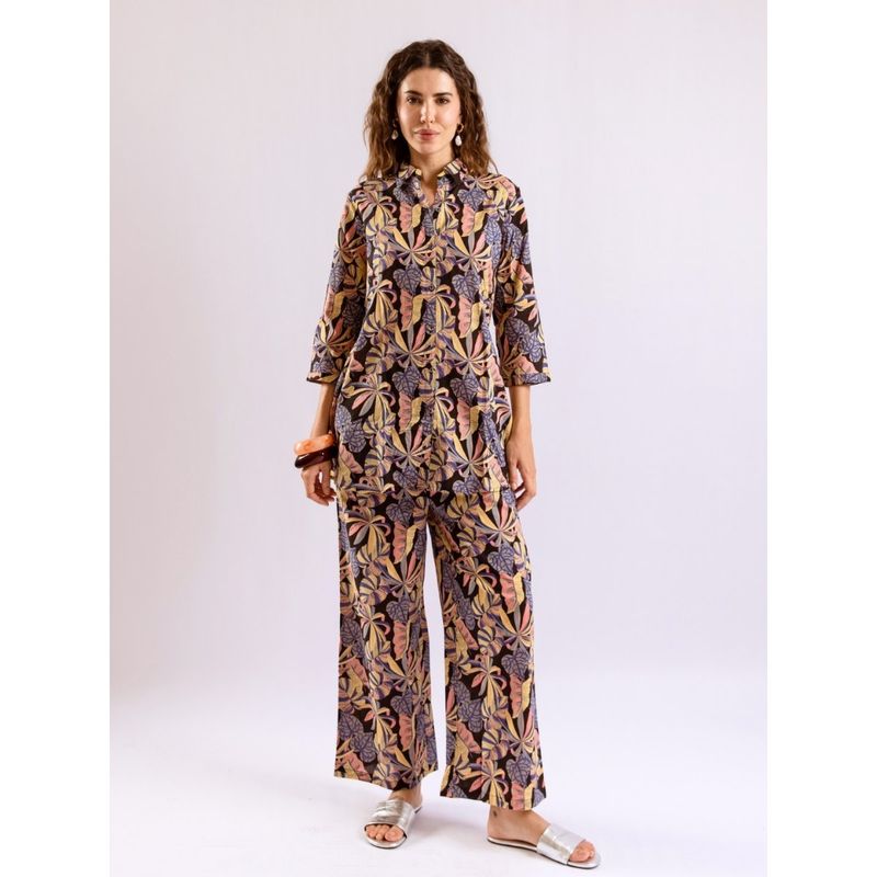FEATHERS CLOSET Black Leaf Printed Shirt Cotton Co-Ord (Set of 2) (S/M)