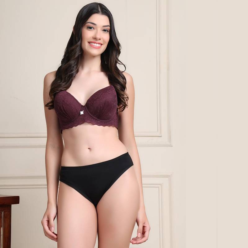 PrettyCat Printed Lightly Padded T-Shirt Bra & Panty Burgundy (Set of 2) (34C)