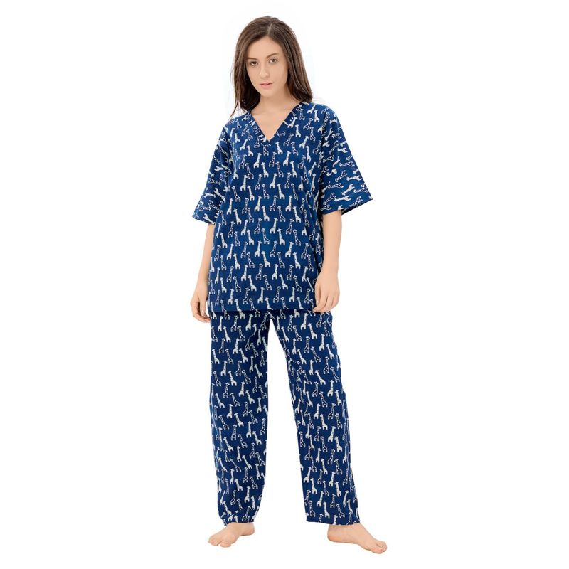 PIU Kurti Style Pure Cotton 3/4Th Sleeves Giraffe Print Co-Ord - Blue (Set of 2) (L)