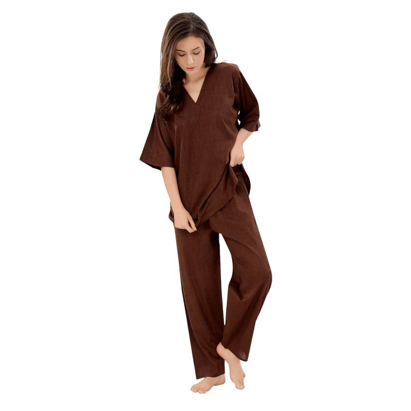 PIU Kurti Style Rayon Cotton 3/4Th Sleeves Solid Print Co-Ord - Brown (Set of 2) (M)
